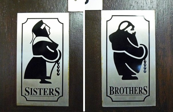 Funny bathroom signs featuring "Sisters" and "Brothers" with silhouette images of nuns and monks.