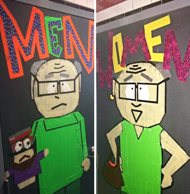 Funny bathroom signs with cartoon characters marking men’s and women’s restrooms.