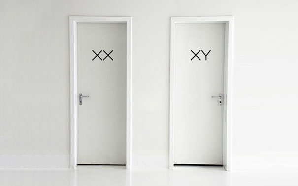 Funny bathroom signs on white doors labeled XX and XY.
