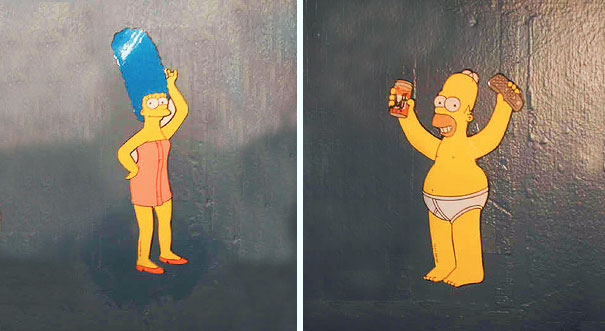 Funny bathroom signs featuring cartoon characters in humorous poses.