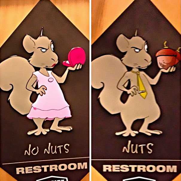 Funny bathroom signs with squirrels labeled “No Nuts” and “Nuts” for restroom doors.