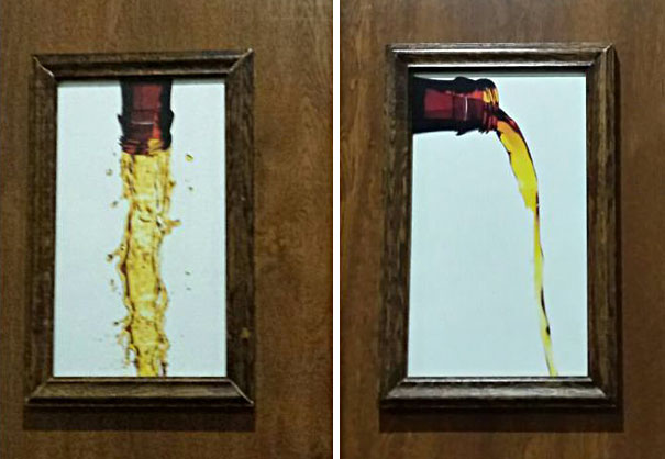 Funny bathroom signs with frames showing liquid pouring from bottles.