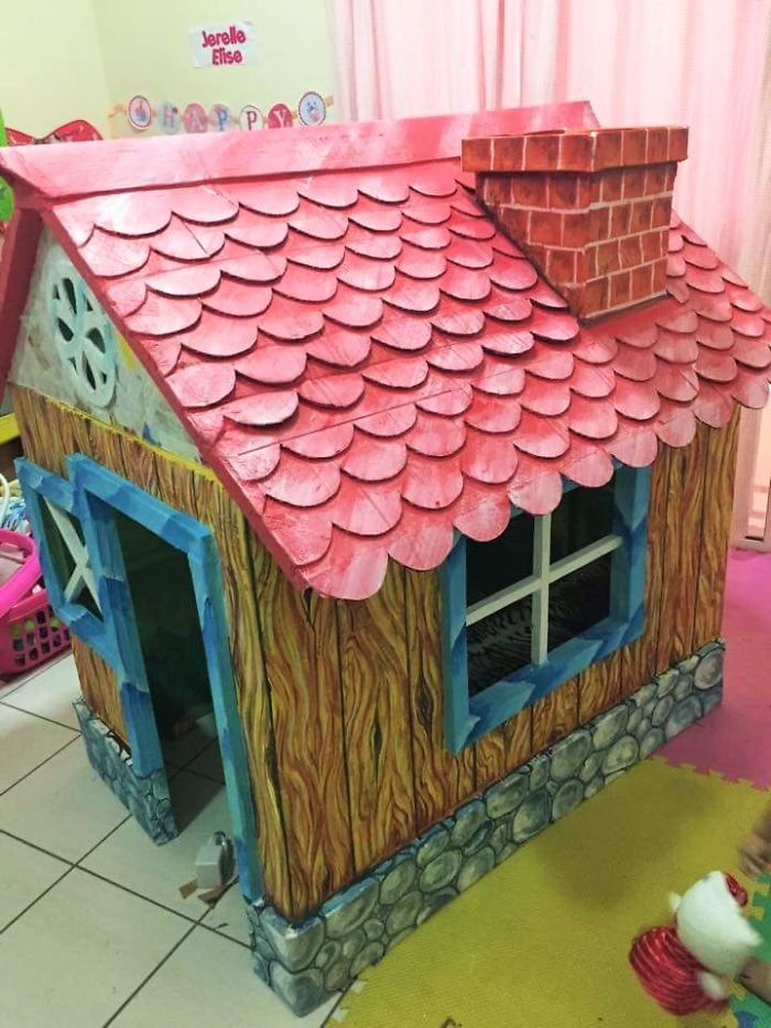 Grandfather Builds Cardboard Playhouse For His Littler Grandaughter