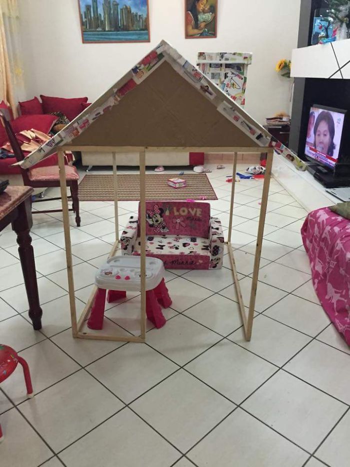 Grandfather Builds Cardboard Playhouse For His Littler Grandaughter