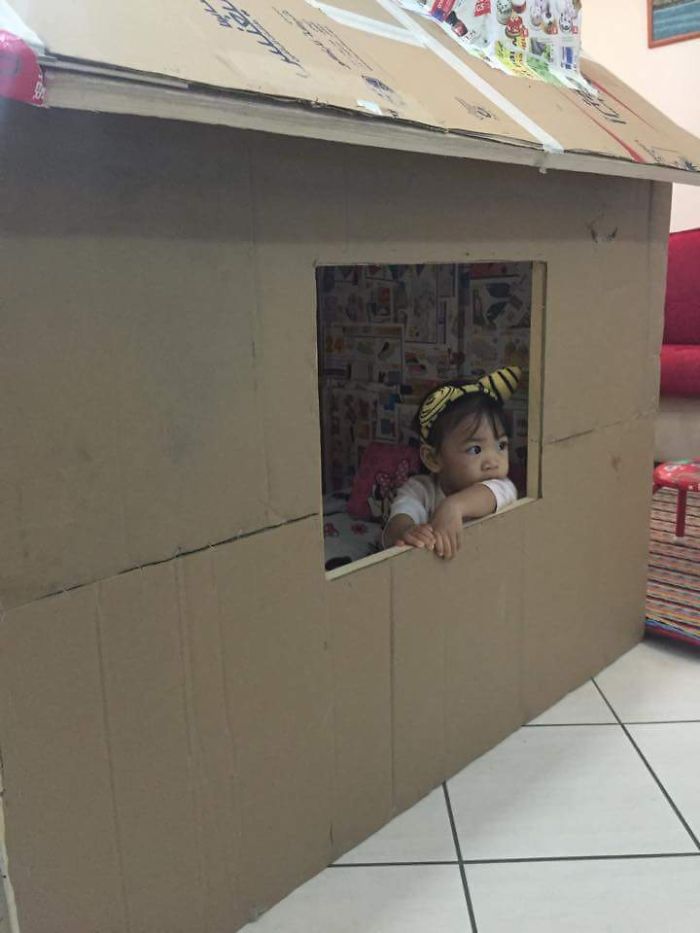 Grandfather Builds Cardboard Playhouse For His Littler Grandaughter
