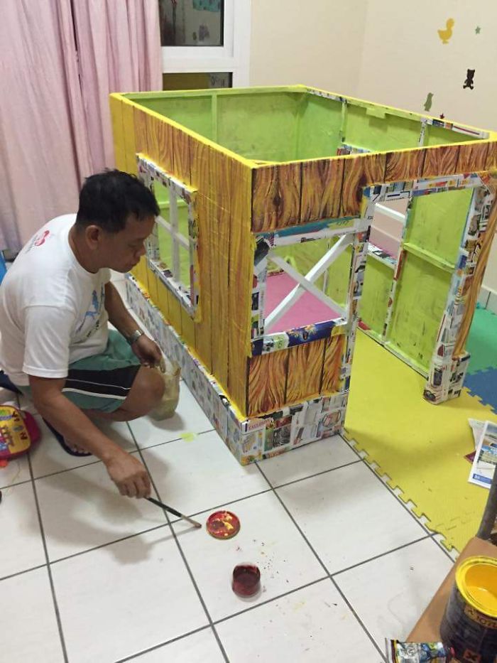 Grandfather Builds Cardboard Playhouse For His Littler Grandaughter