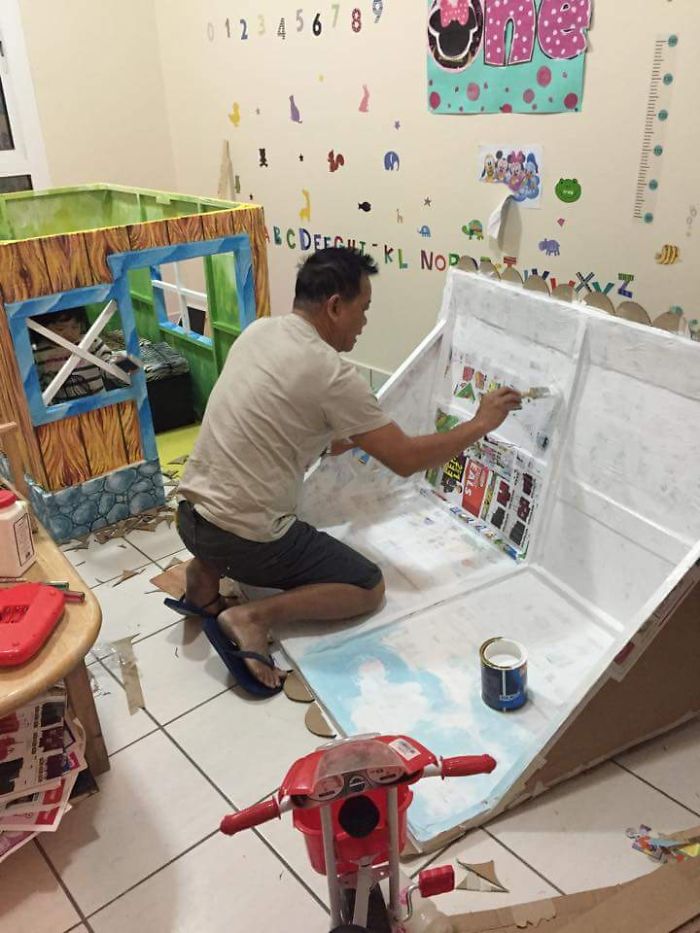 Grandfather Builds Cardboard Playhouse For His Littler Grandaughter