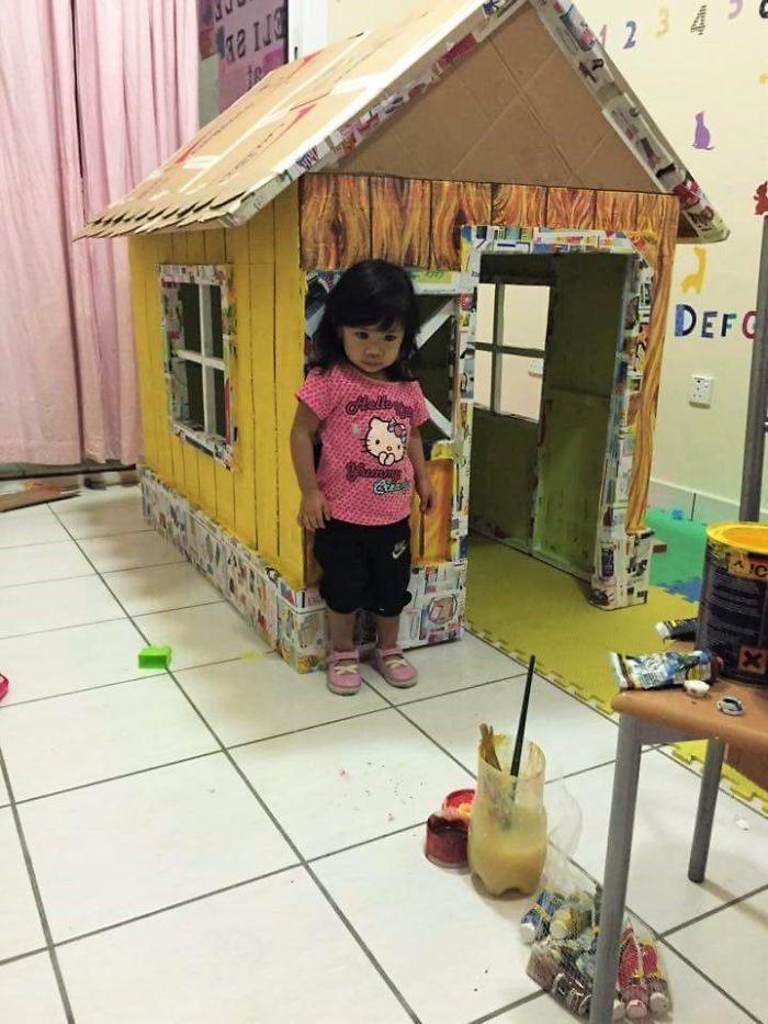 Grandfather Builds Cardboard Playhouse For His Littler Grandaughter