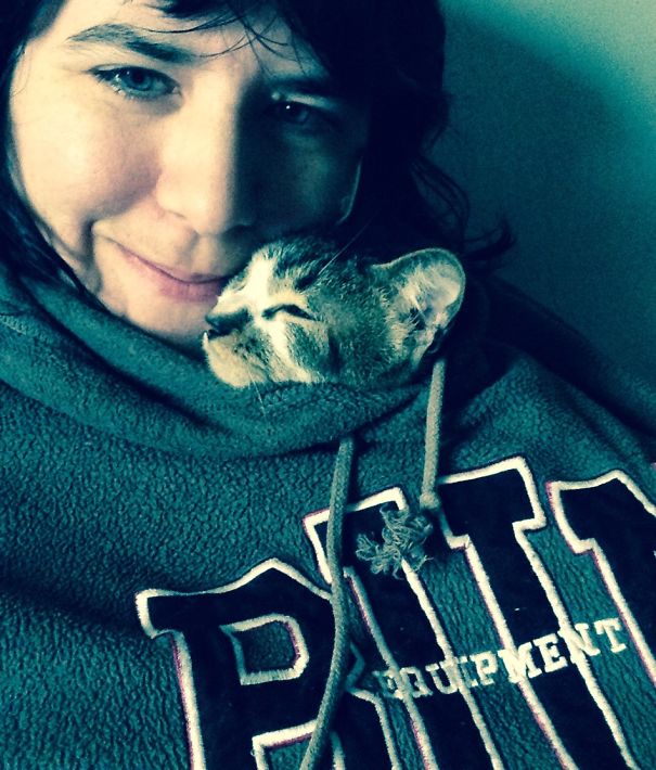 My Skittykitty Crawled Inside My Sweatshirt For Warmth.