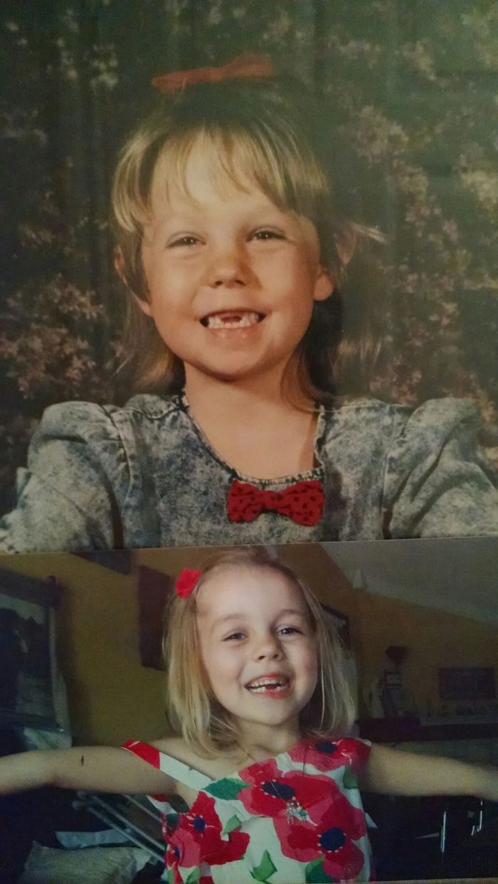 Young girl in two photos showing similar smiles and hairstyles, illustrating kids as copy-paste versions of their parents.