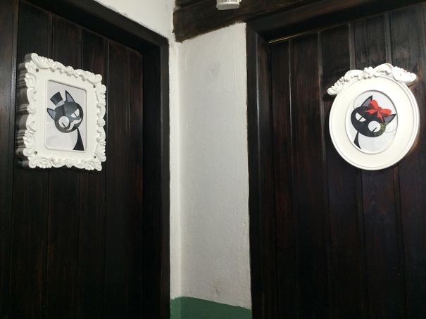 Funny bathroom signs with cat illustrations in decorative frames on wooden doors.