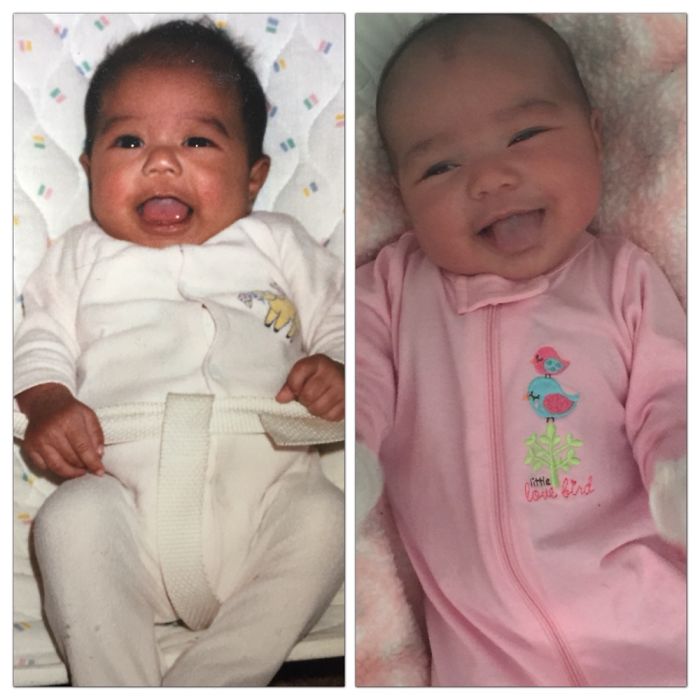 Side-by-side photos of two smiling babies showing kids as copy-paste versions of their parents with similar expressions.
