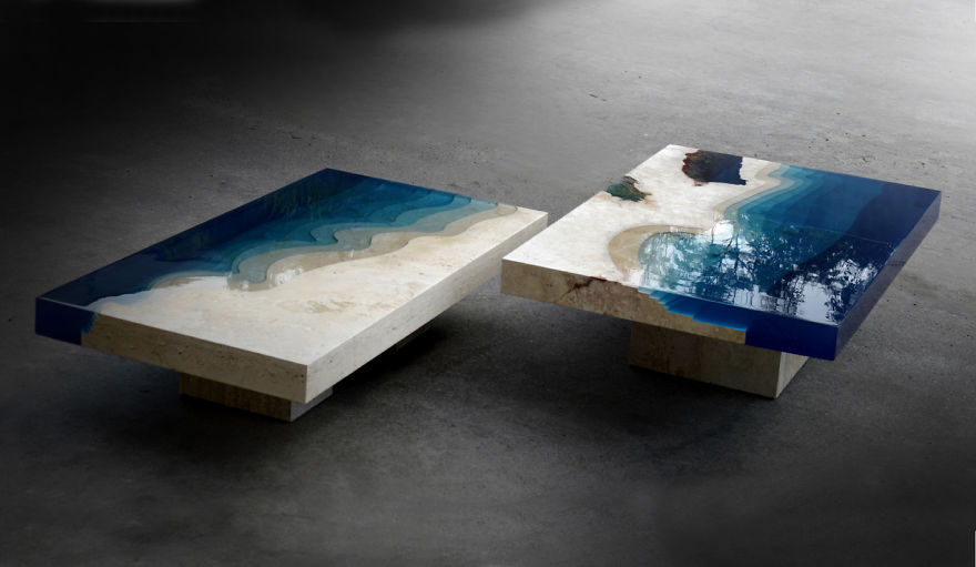 Lagoon Tables That I Made By Merging Resin With Cut Travertine Marble