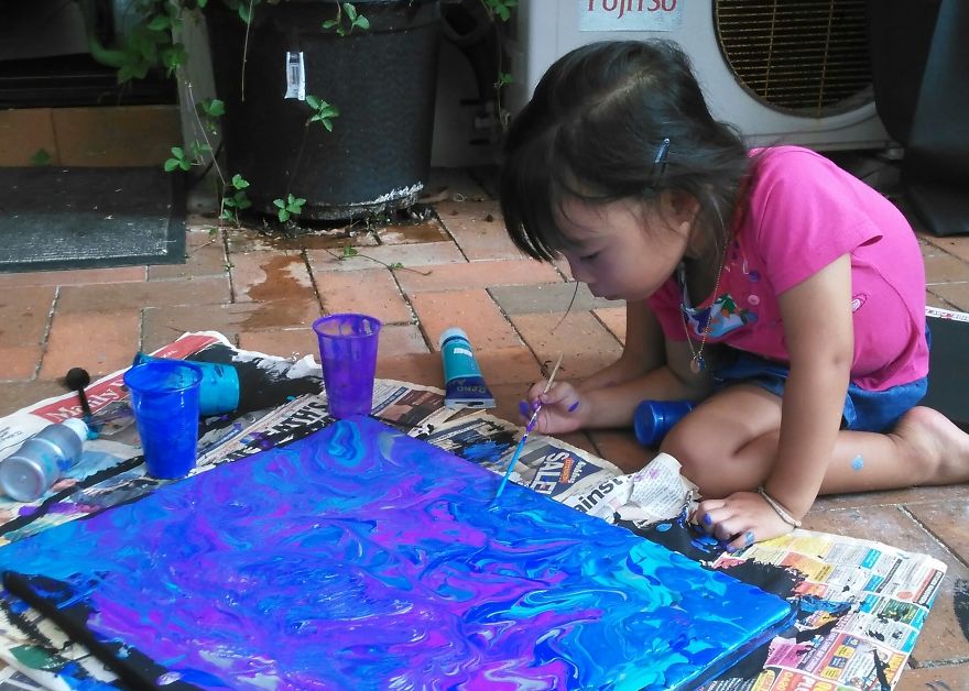 My 3-Year-Old Daughter Creates Paintings Of Galaxies Using Paint, Glitter And A Fork