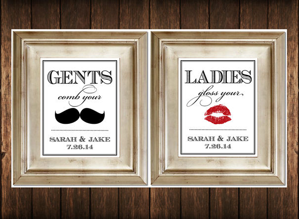 Funny bathroom signs with "Gents comb your" and "Ladies gloss your" in vintage frames.