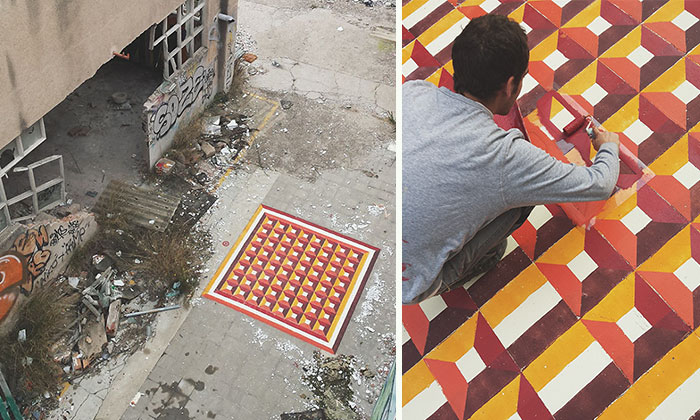 I Spray Paint Floors Of Abandoned Places With Colorful Tile Patterns