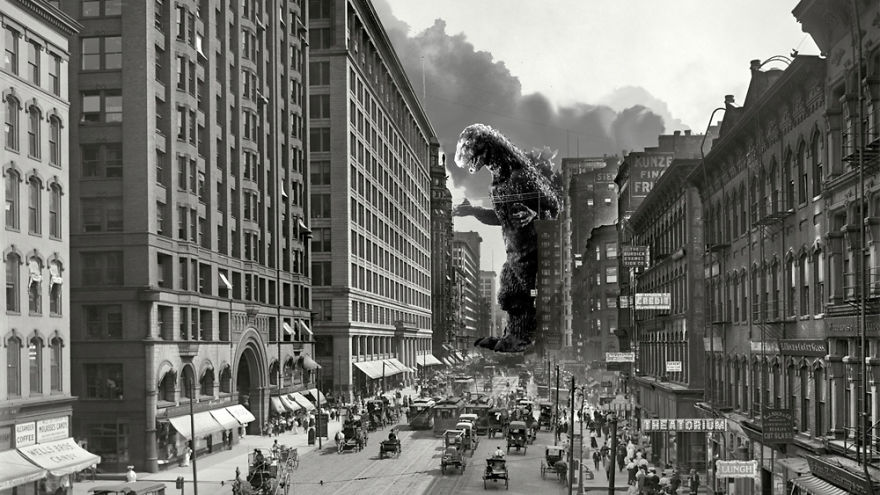 I Reimagine Old Historical Photos Of Disasters With Godzilla I Reimagine Old Historical Photos Of Disasters With Godzilla