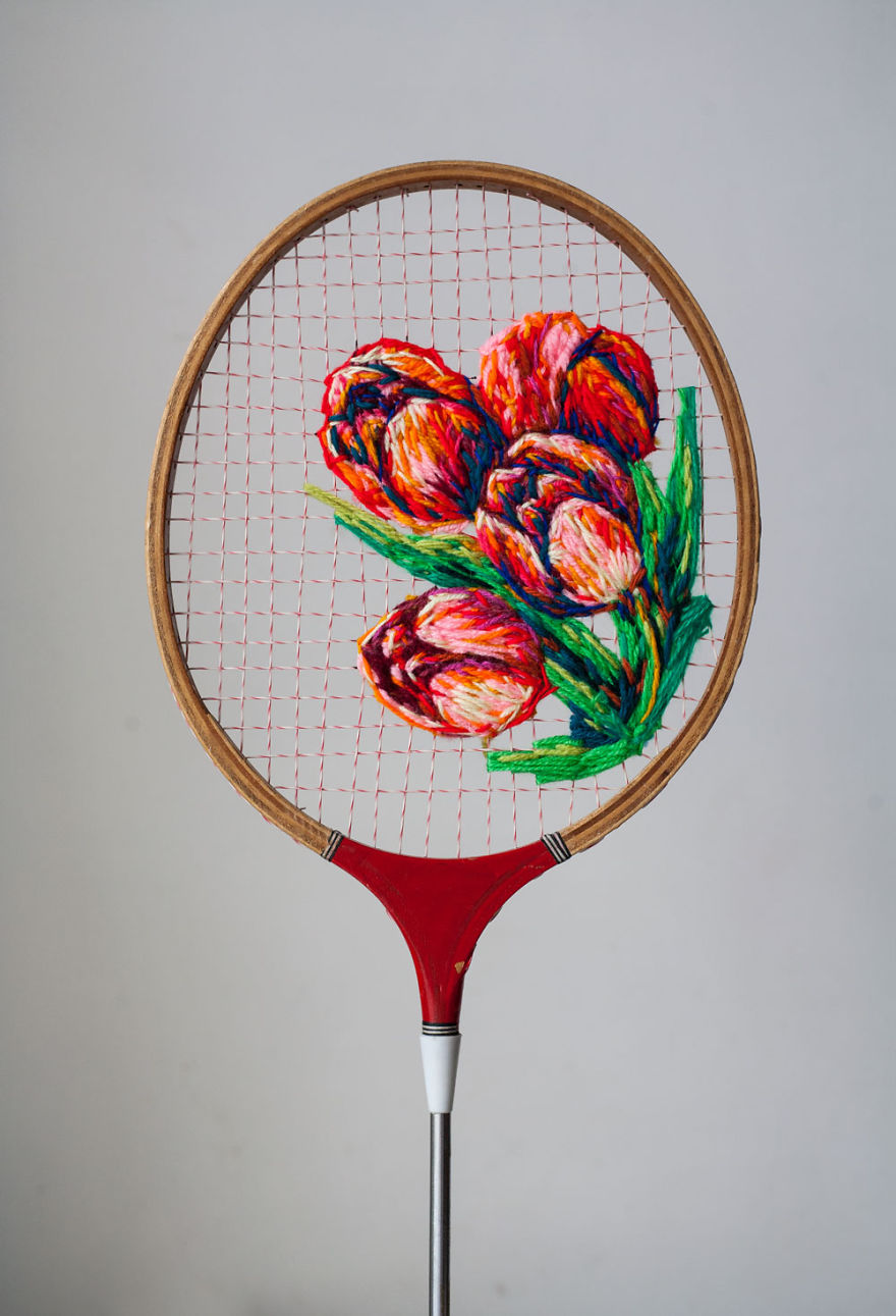 Artist Danielle Clough Embroiders On Old Tennis Rackets