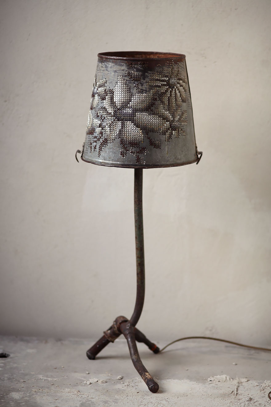 Artist Embroiders On Metallic Objects