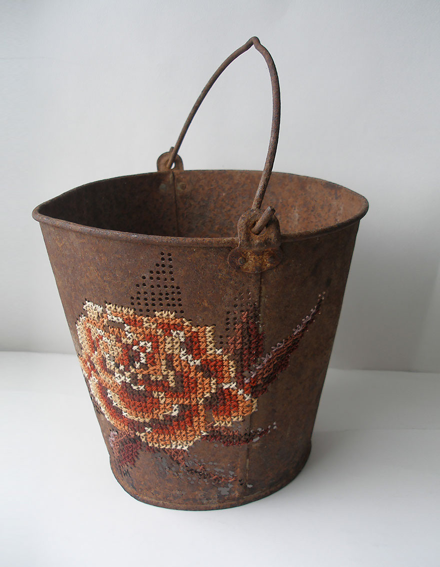 Artist Embroiders On Metallic Objects