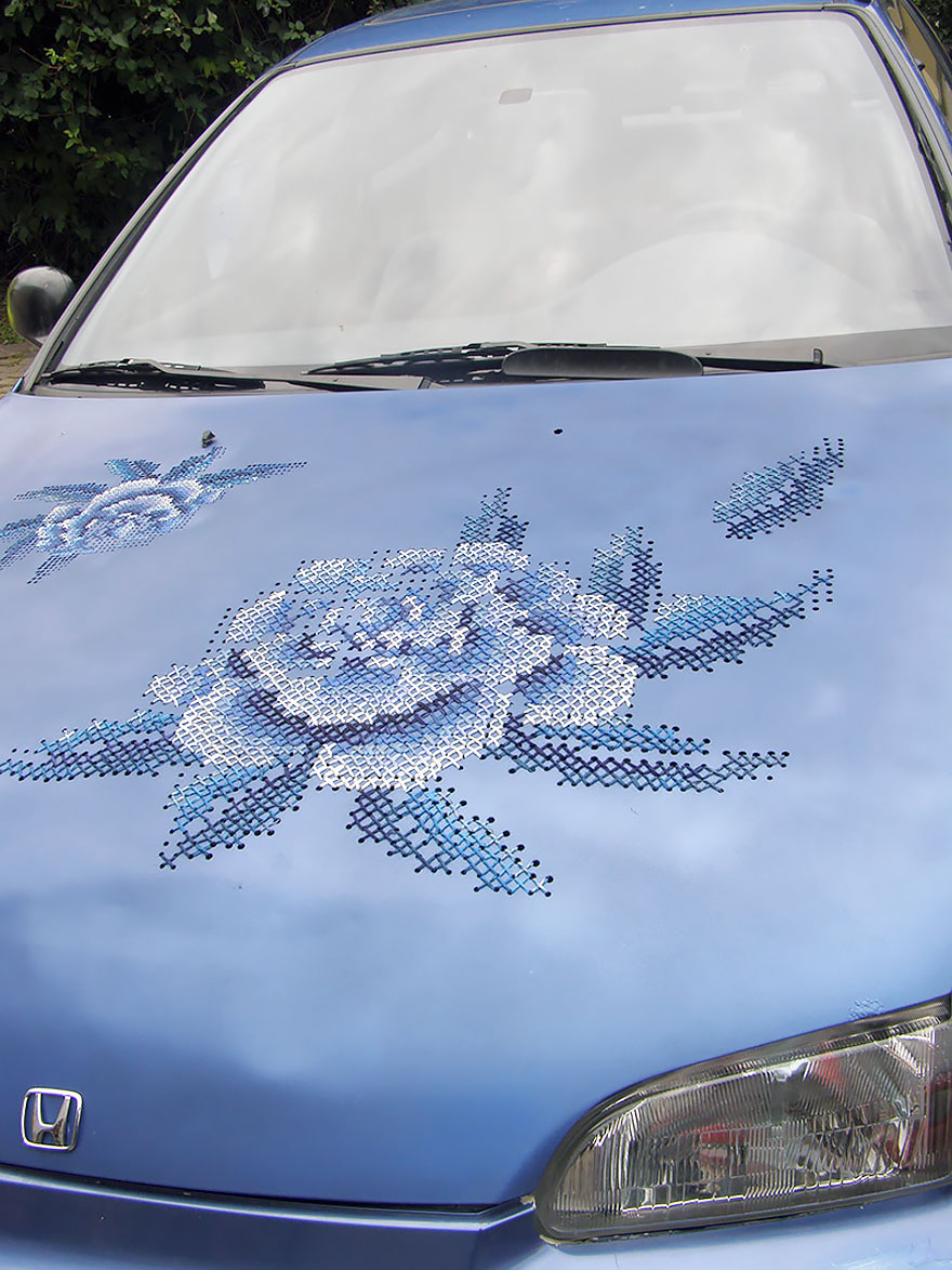 Artist Embroiders On Metallic Objects