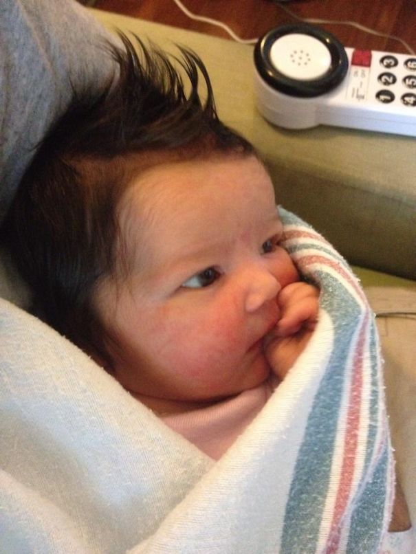 Less Than 24 Hours Old, Her First Hairdo After Her First Bath