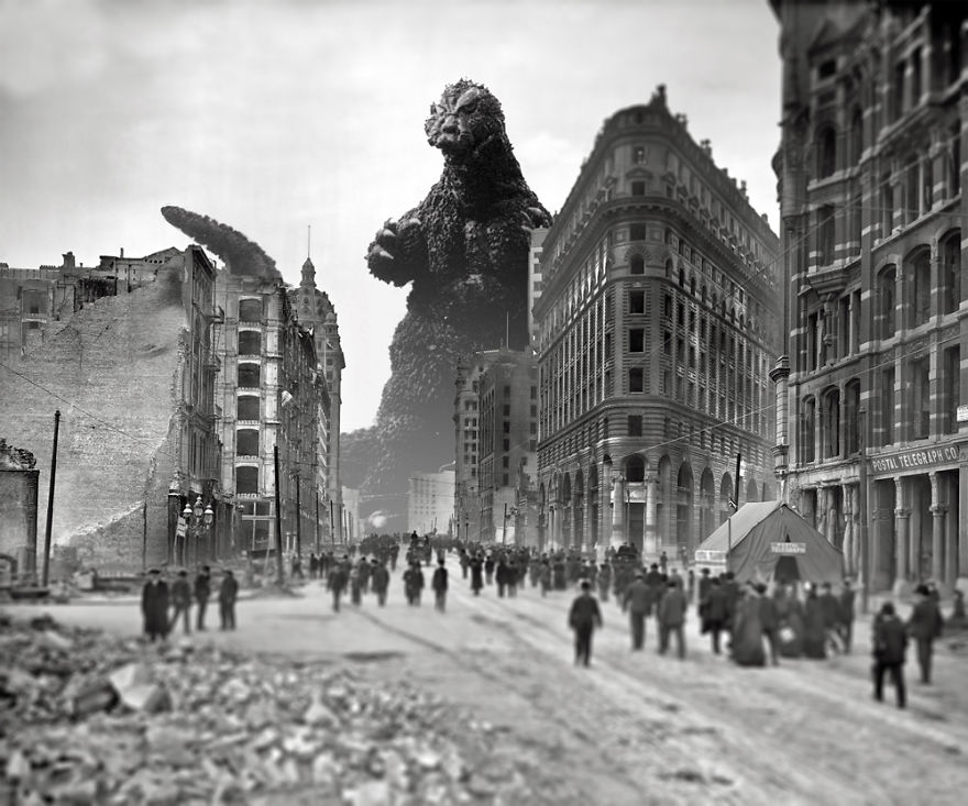 I Reimagine Old Historical Photos Of Disasters With Godzilla I Reimagine Old Historical Photos Of Disasters With Godzilla