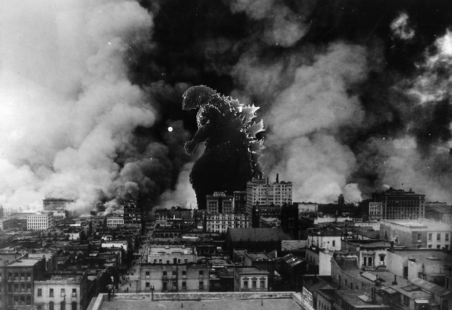 I Reimagine Old Historical Photos Of Disasters With Godzilla I Reimagine Old Historical Photos Of Disasters With Godzilla