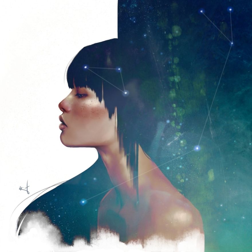 I Paint Women Combined With Elements Of Nature And Space To Express My Emotions