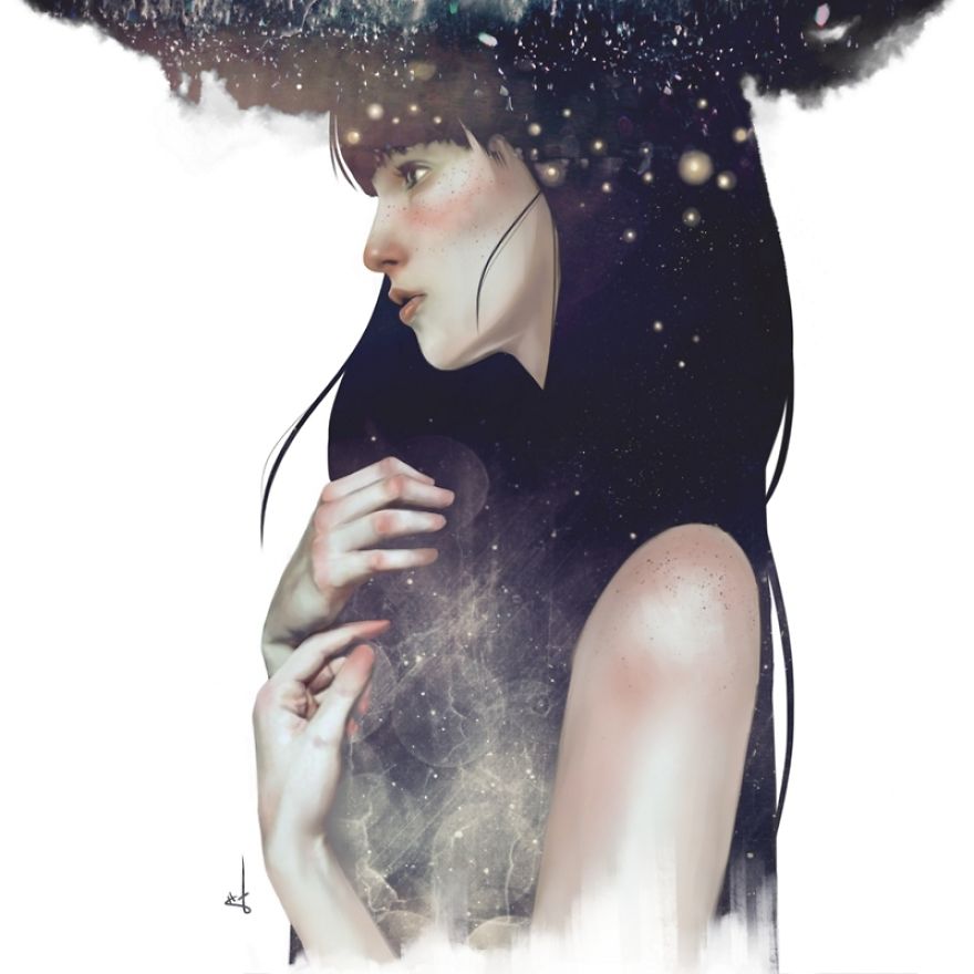 I Paint Women Combined With Elements Of Nature And Space To Express My Emotions