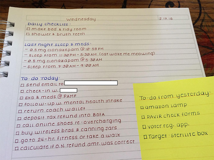 Neat and organized handwriting in planner with colorful notes and checklists.