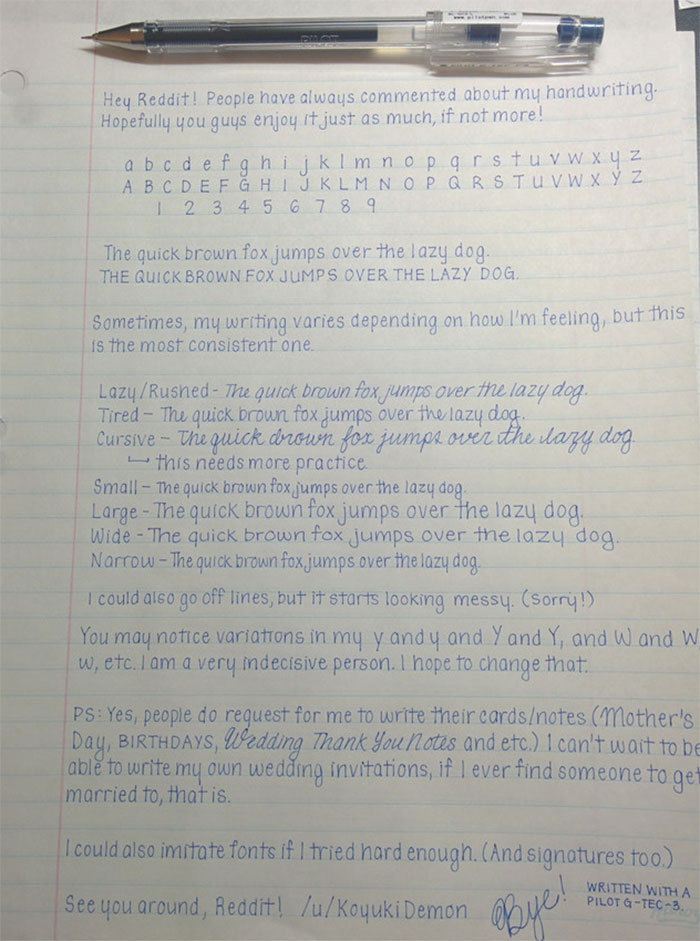 Beautiful handwriting examples on lined paper with pen, showcasing various styles and sizes.