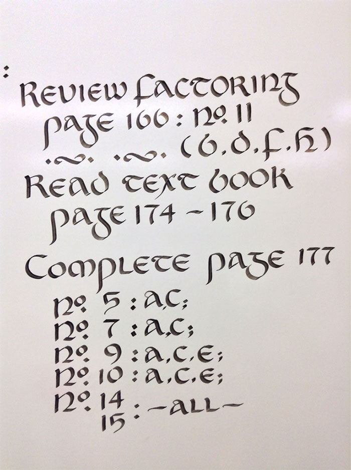 Beautiful handwriting on a whiteboard with elegant calligraphy detailing academic tasks and page numbers.