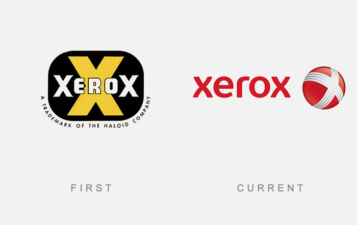 First and current Xerox famous logos side by side, showcasing brand evolution.