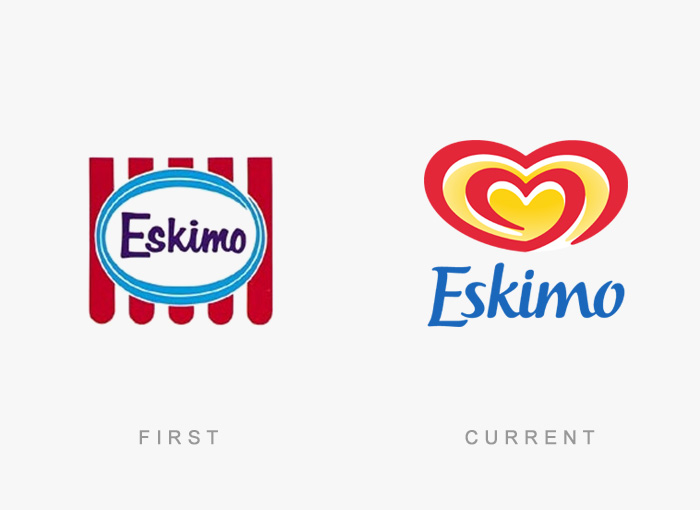 Comparison of famous logos: Eskimo's original logo versus modern redesign.
