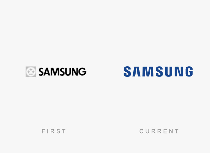 Samsung famous logos then and now, showing first and current designs side by side.
