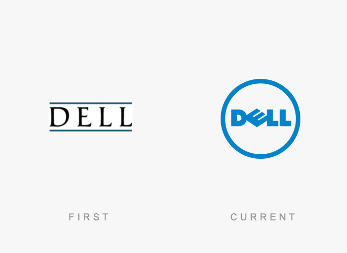 "Famous logos: Evolution of Dell logo from original to current design side by side."