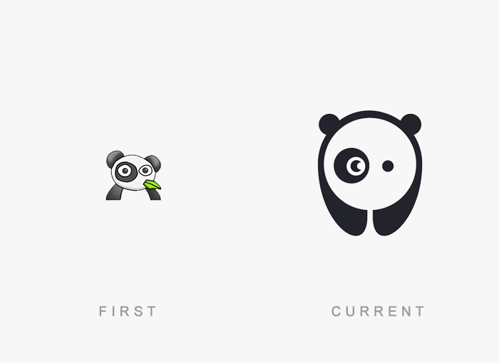 Evolution of a famous logo: original panda with green leaf compared to minimalist panda design.