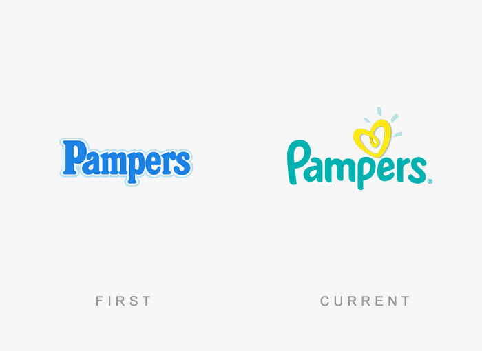 "Pampers logo evolution, old to new design, showcasing brand transformation."