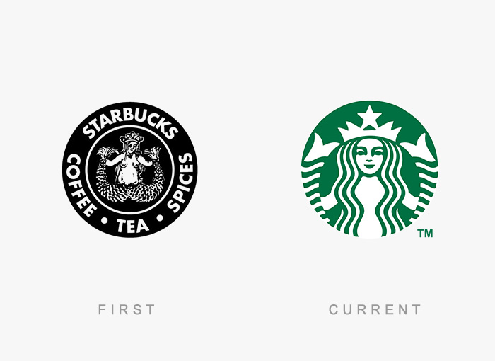 Comparison of famous logos, Starbucks original brown logo vs. current green logo.