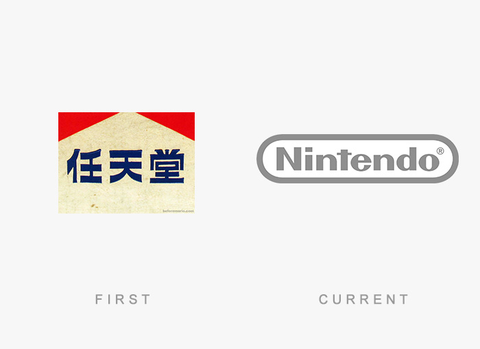 Famous logos: Nintendo's first Japanese logo and current English logo side by side.