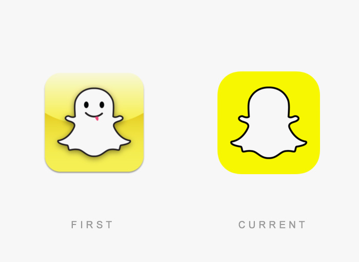 Snapchat logo evolution, original on the left with a face, current on the right without a face, both on a yellow background.