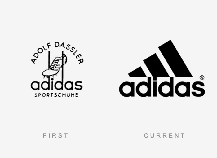 Comparison of Adidas logos: original vintage design alongside the modern version, highlighting famous logos evolution.