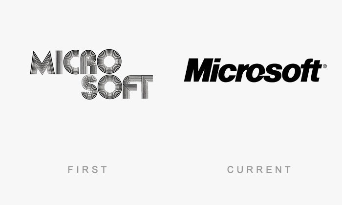 Vintage and modern versions of the Microsoft logo, illustrating famous logos then and now.
