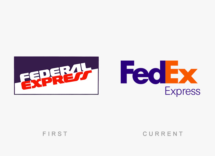 "Famous logos evolution: Vintage Federal Express logo beside modern FedEx Express logo."