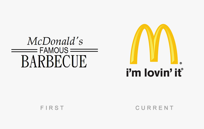 Comparing famous logos: McDonald's original "Barbecue" to current golden arches "I'm lovin' it" design.