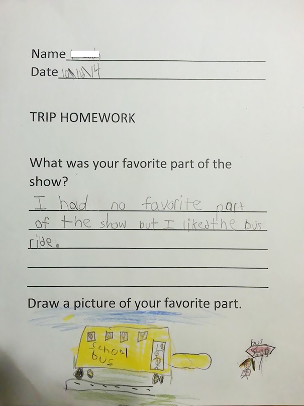 My 6 Year Old Cousin's Homework Answer After Seeing A Play