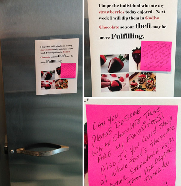 Someone Ate My Co-Workers Chocolate Dipped Strawberries. My Co-Worker Left A Note And The Thief Did Too