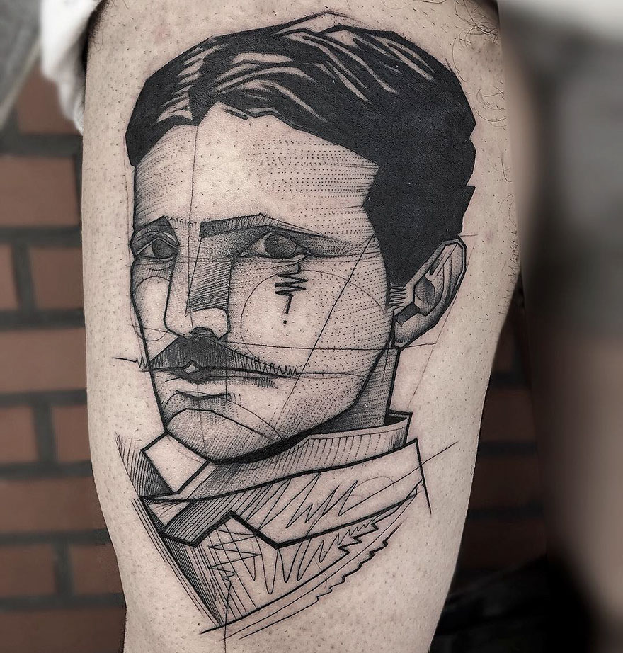 Sketch tattoo by Frank Carrilho depicting a geometric portrait showcasing artistic imperfection on skin.