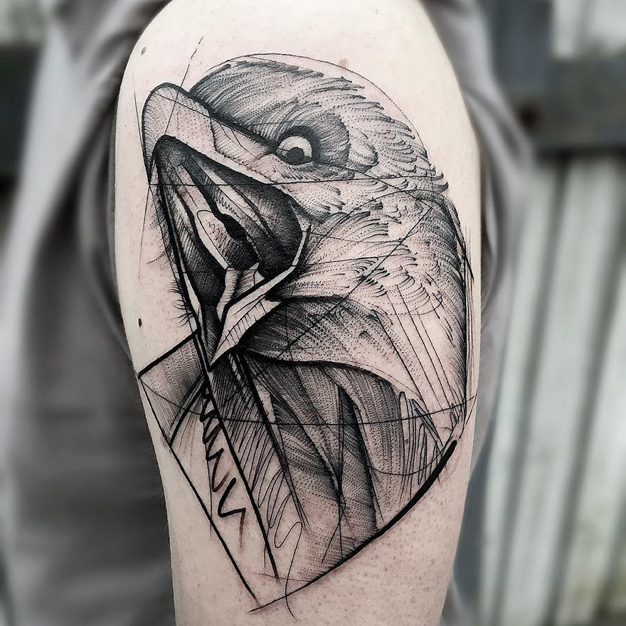 Sketch tattoo of a bird on an arm, showcasing the beauty of imperfection with dynamic lines and shading.